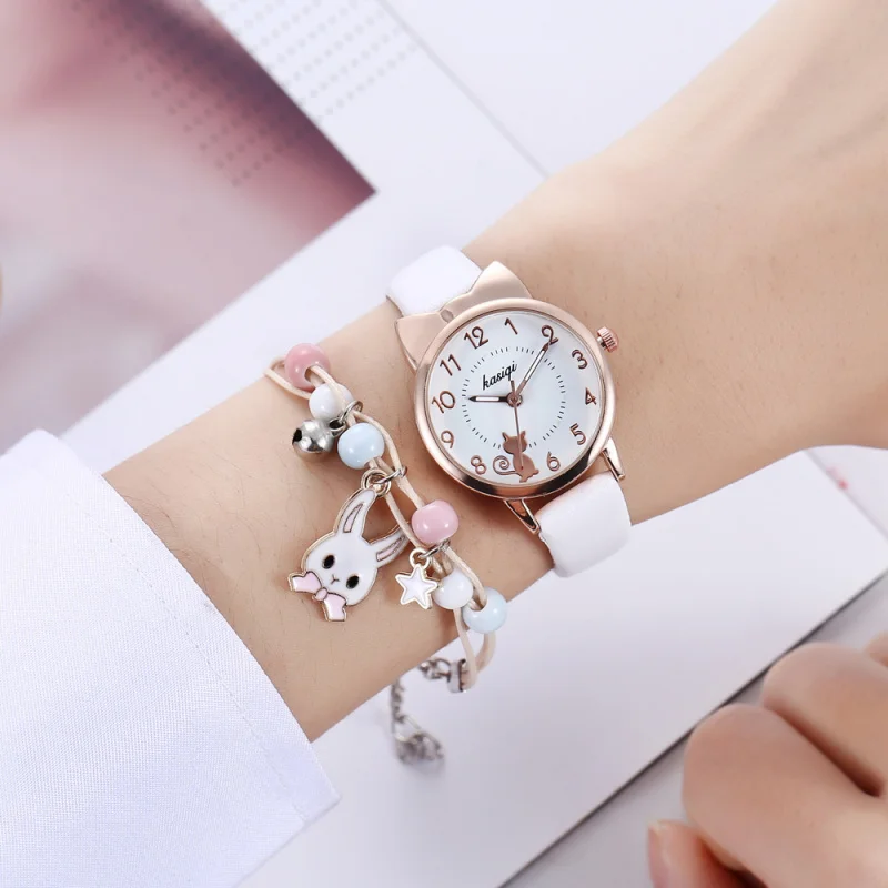 2pcs/setChildren's Student Style Girl Heart Animal Dial Belt Quartz Watch+Rabbit Bracelet