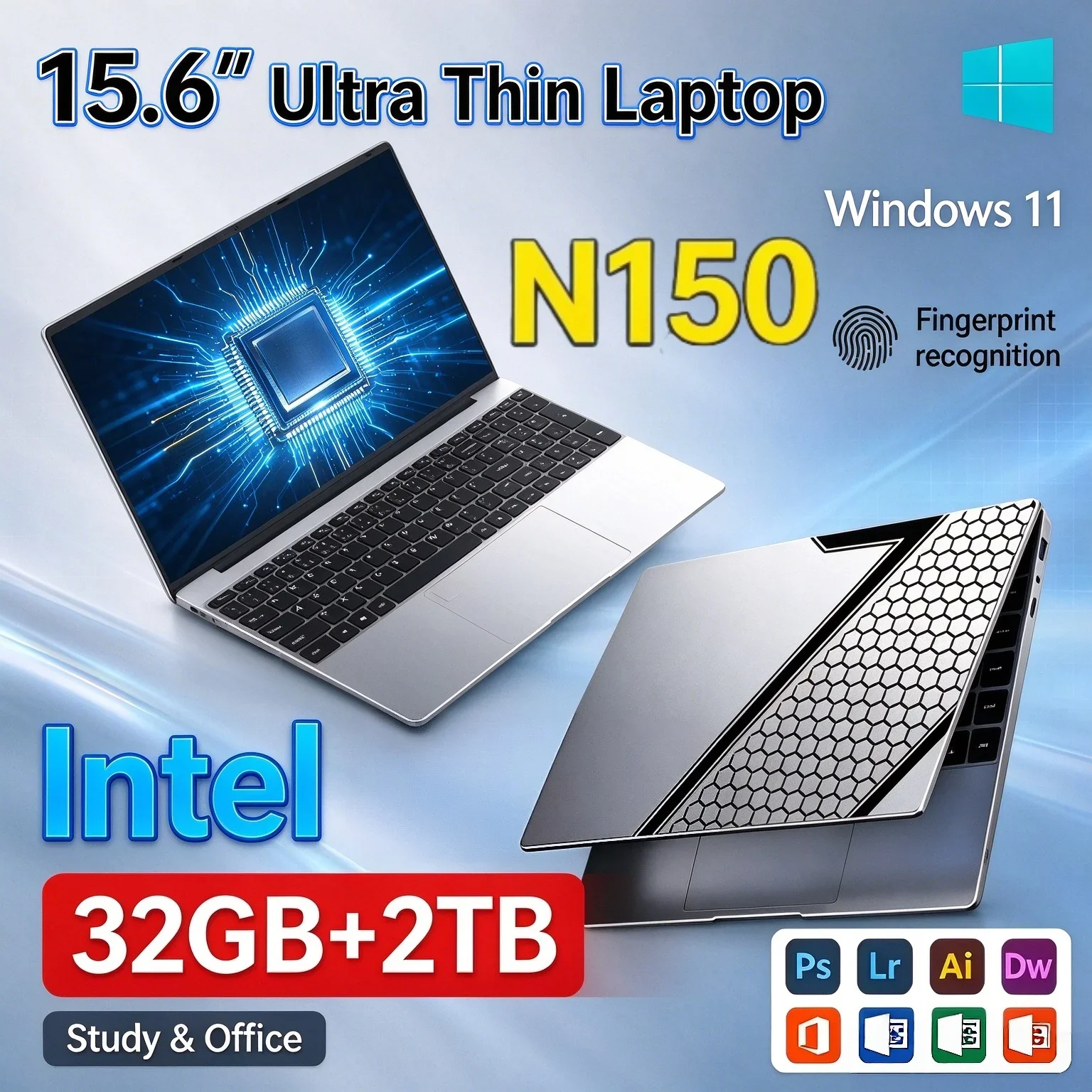 2026 New 15.6'' Inch Notebook PC Intel N150 32GB RAM 1TB/2TB SSD Windows11 Fingerprint Unlock Daily Home Office Gaming Laptop