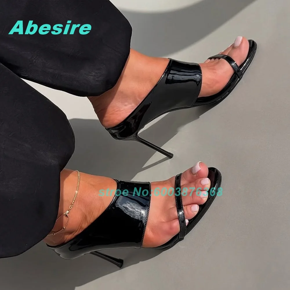 

Black Patent-Leather One-Strap Mule Slippers Open Toe Slingback Slip-On Stiletto Heels Women's Slippers Y2K Daily Fashion Shoes