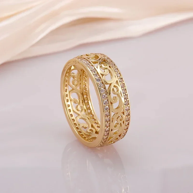 Exquisite and Elegant Hollow Flower Texture Ring Double Row Synthetic Zircon Women's Personalized Fashion Ring Accessories Gift