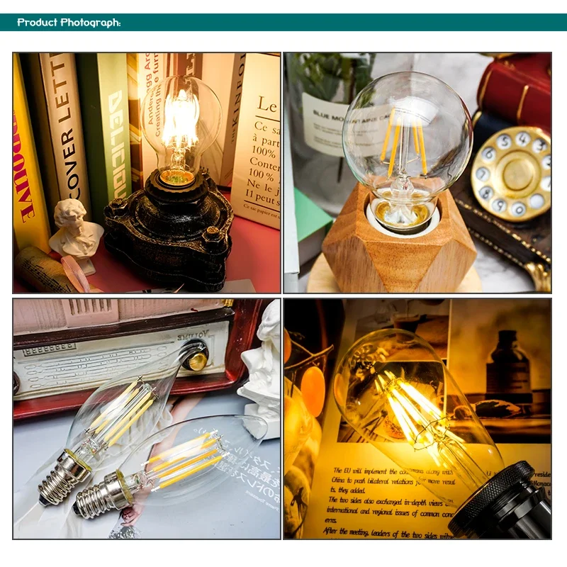 4szt/lot Retro Edison LED Żarówka E14 E27 AC220V 2W 4W 6W 8W Szklana lampa Vintage Filament Lampada Led Lampa zimna/ciepła biel Oświetlenie