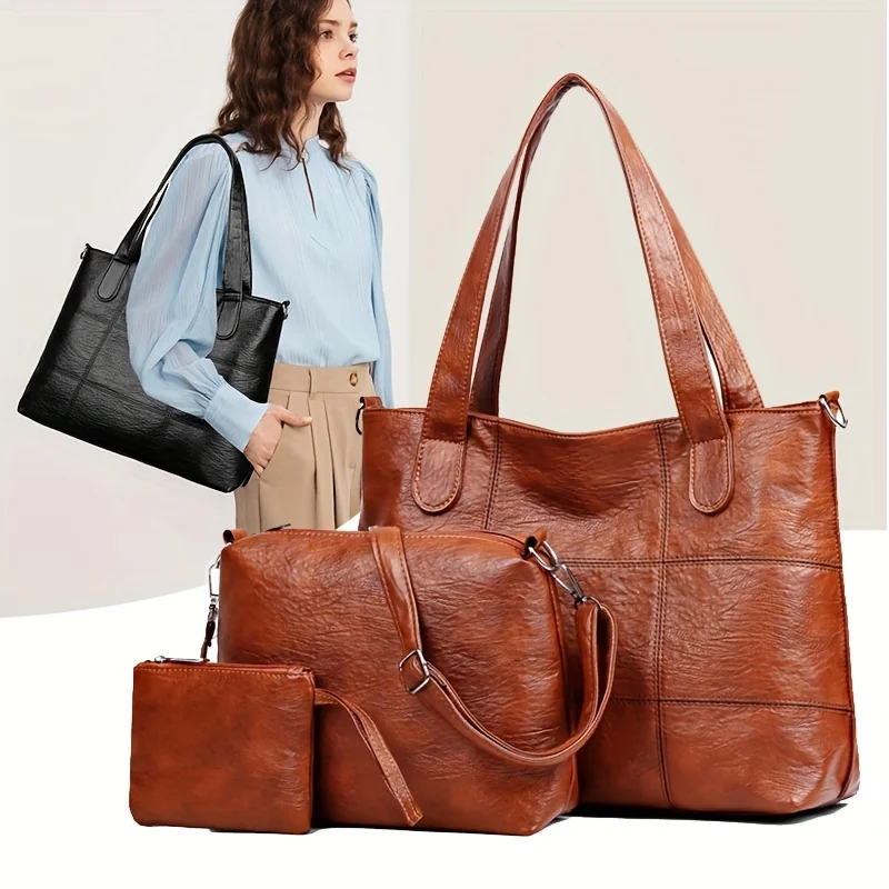 Luxury Women's PU Leather Shoulder Bag Set Crossbody Top-Handle Handbag Travel Tote Casual Women's Bag