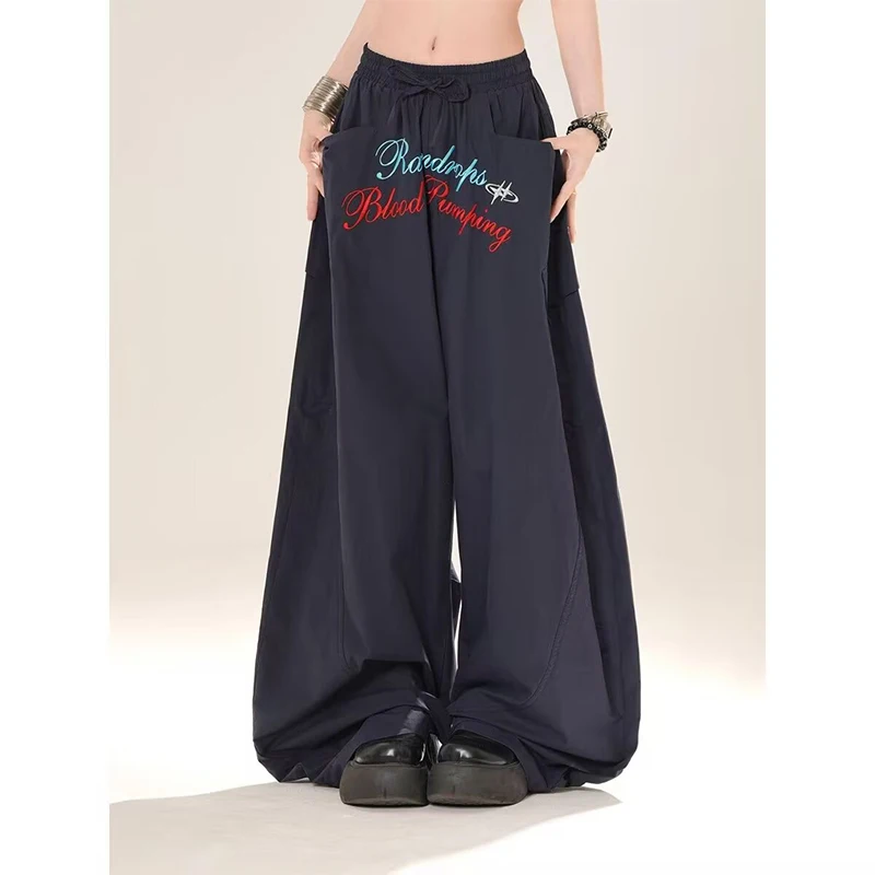 Women's Wide Leg Sport Pants Letter Embroidery Casual Trousers Summer Loose Floor-Length Couples Pants Polyester Fiber