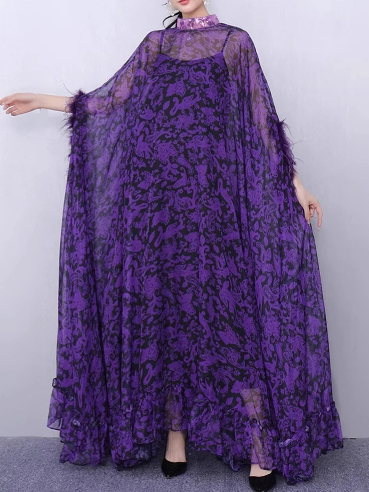 

Fashion Print Big Swing Long Dresses Spring Women Feather Sleeves Stand Collar Dress Summer High Waist Loose Ankle Length Dress