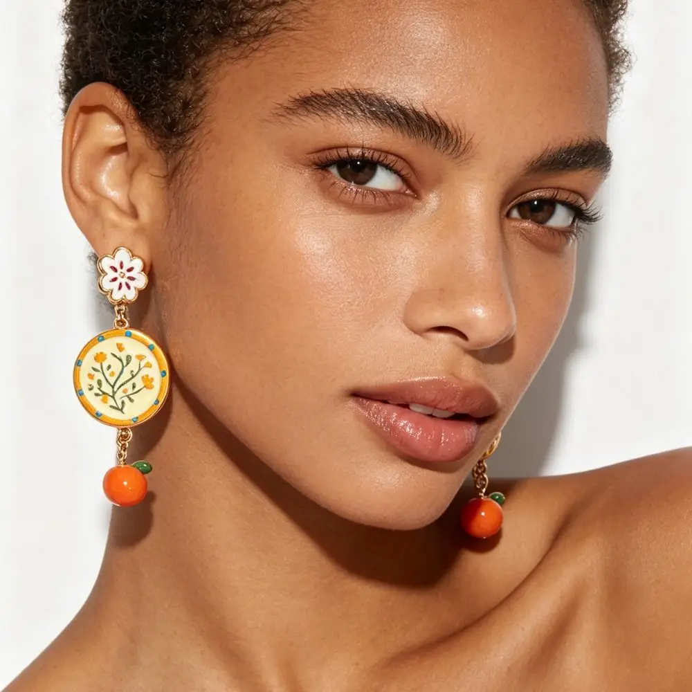 Creative Enamel Flower Dangle Earrings Painting Orange Metal Geometric Stud Earrings Alloy Retro Bohemian Dangle Earring Beach