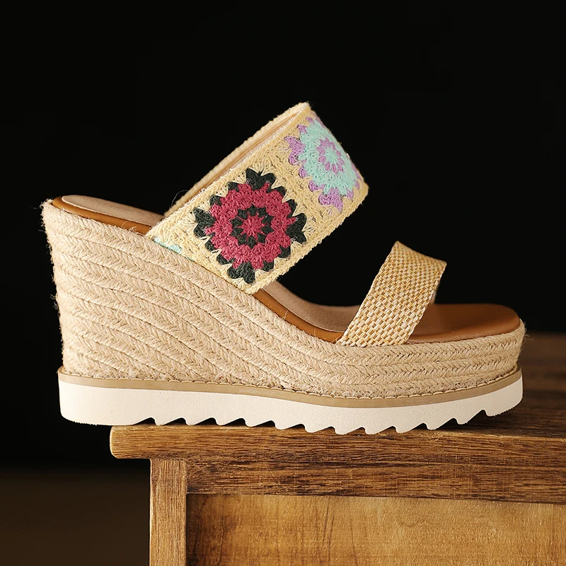 NEW Handmade Weave Fabric Womens Wedge Sandals, Platform Open Toe Slip On Summer Womens Shoes,Fashion High Heels