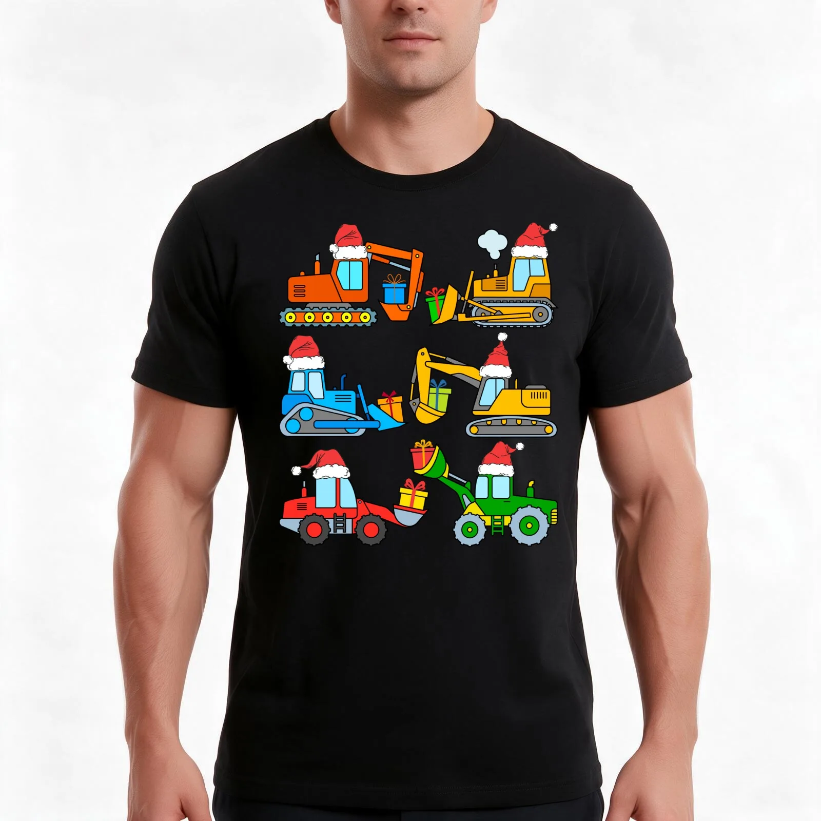 Construction Vehicles Christmas Excavator Bulldozer Santa Hat T-Shirt, Summer Casual Cotton Tee, Oversized Streetwear Tops