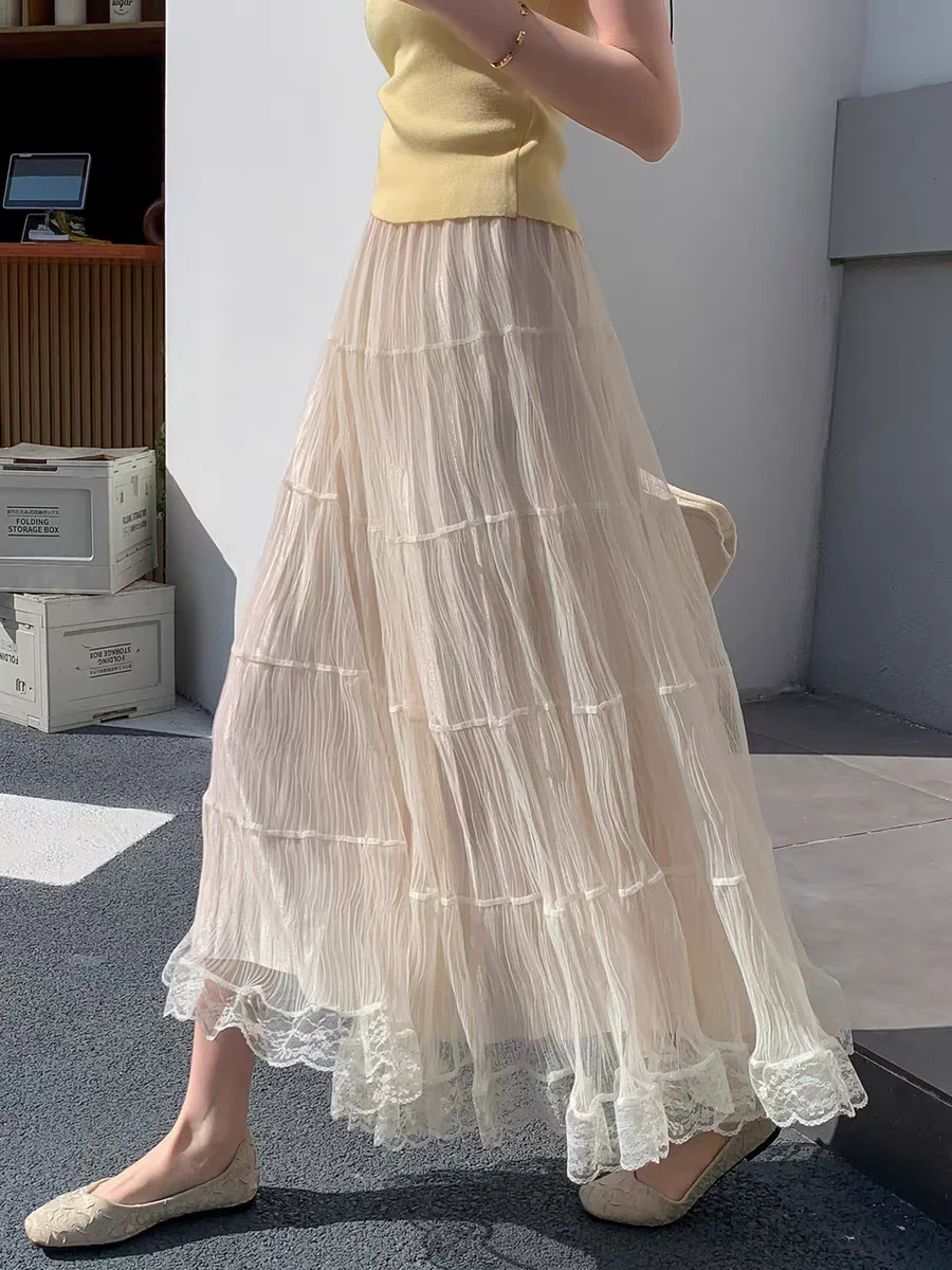 

Women's High Waist Mesh Pleated Maxi Skirt: Flowy A-Line Summer Skirt for Petite, Concealing Hips & Slimming Silhouette