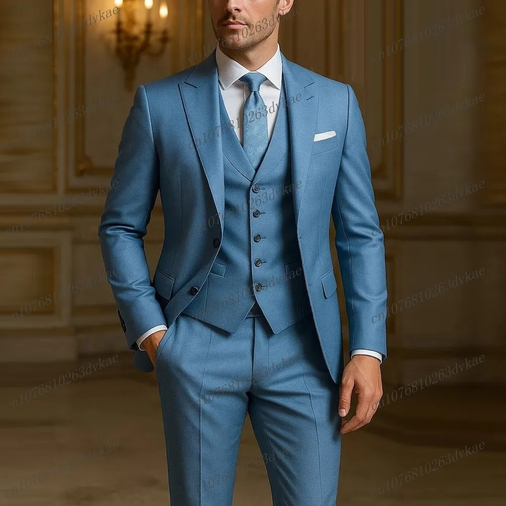 

Новый синий мужской костюм для свадебной вечеринки, формальный жених, жених, выпускного вечера, деловые мужские смокинги, комплект из 3 предметов, куртка, жилет, брюки