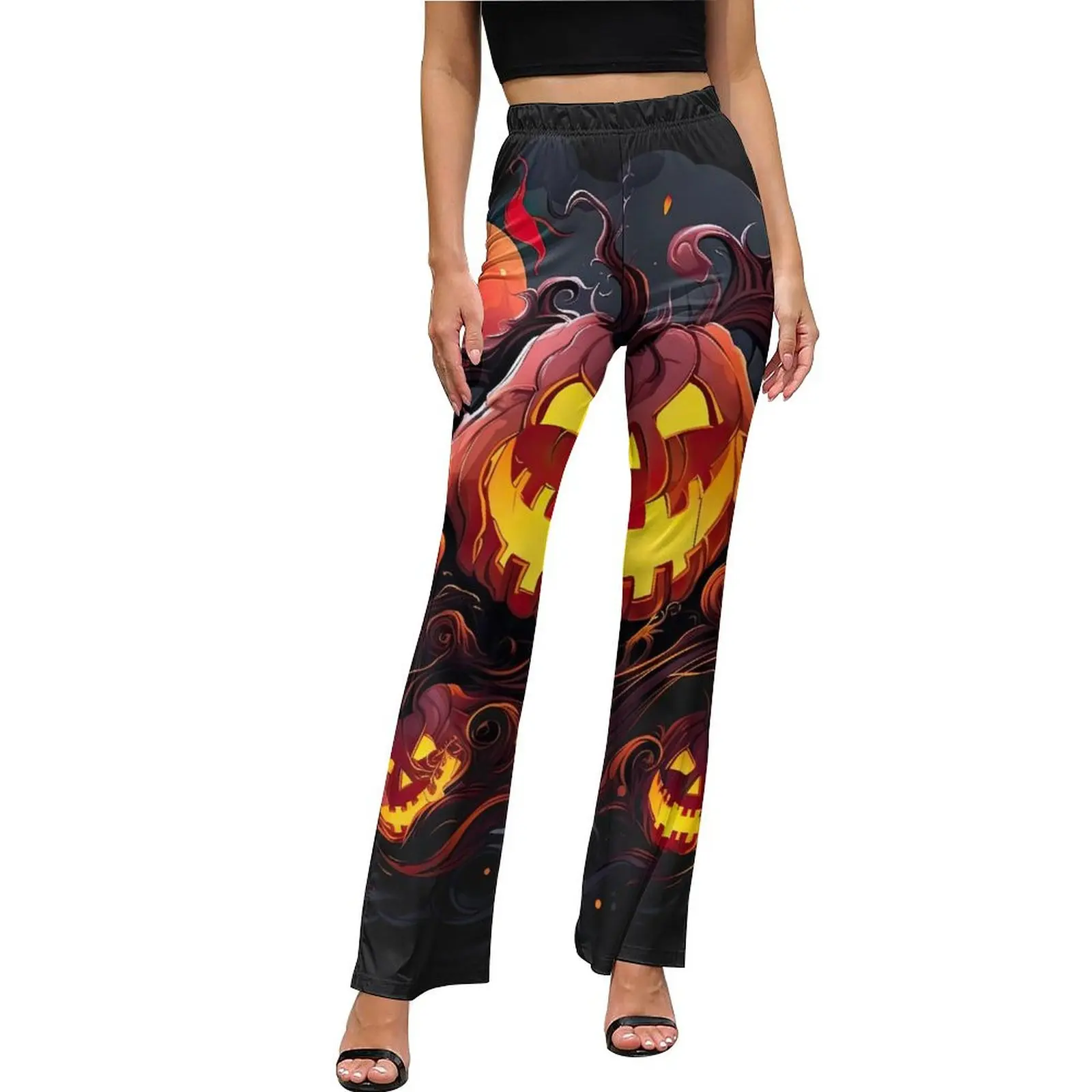 Pumpkins in Fire Pants Funny Halloween Casual Flared Trousers Summer Women Graphic Street Fashion Slim Pants