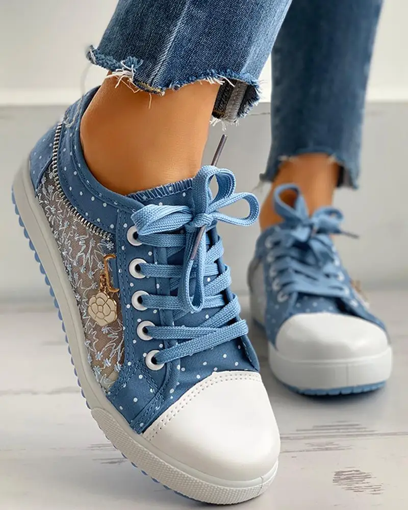 Polka lace Flats Women Casual Shoes Lace-Up Leisure Sexy Mesh Match Comfortable Chaussure Femme Hollow for 2023