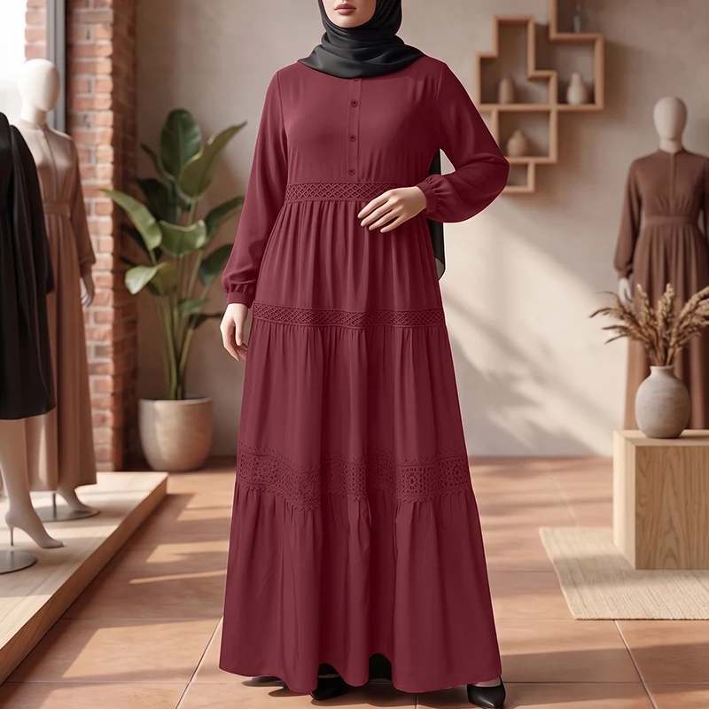 Women Muslim Maxi Dress ZANZEA Long Sleeve Lace Tiered Abaya Kaftan Button Down Modest Islamic Ramadan Solid Casual Elegant Robe
