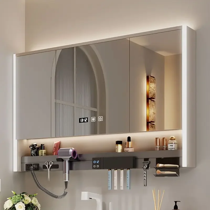 Multifunctional smart bathroom mirror cabinet with hair dryer, toothbrush, disinfection rack, laminate, ambient light, bathroom