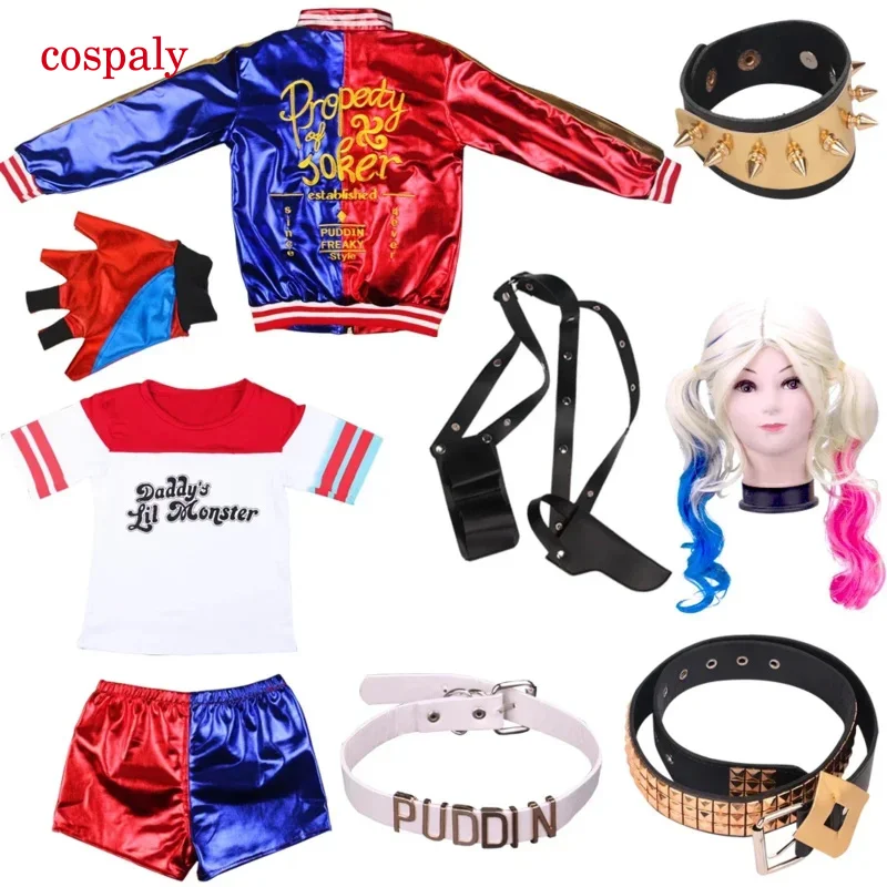 A Halloween Kids Suicide Harley Cosplay Costumes Squad Quinn Monster Jacket Pants Girls Christmas Party Uniform With Wig Gloves