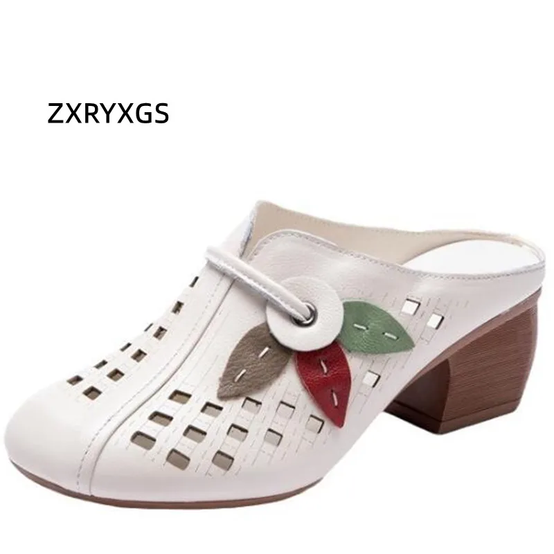 

ZXRYXGS 2024 Summer outdoor Slippers Women's Genuine Leather sandals Thick High Heels classic Flowers round toe Woman's Slipper