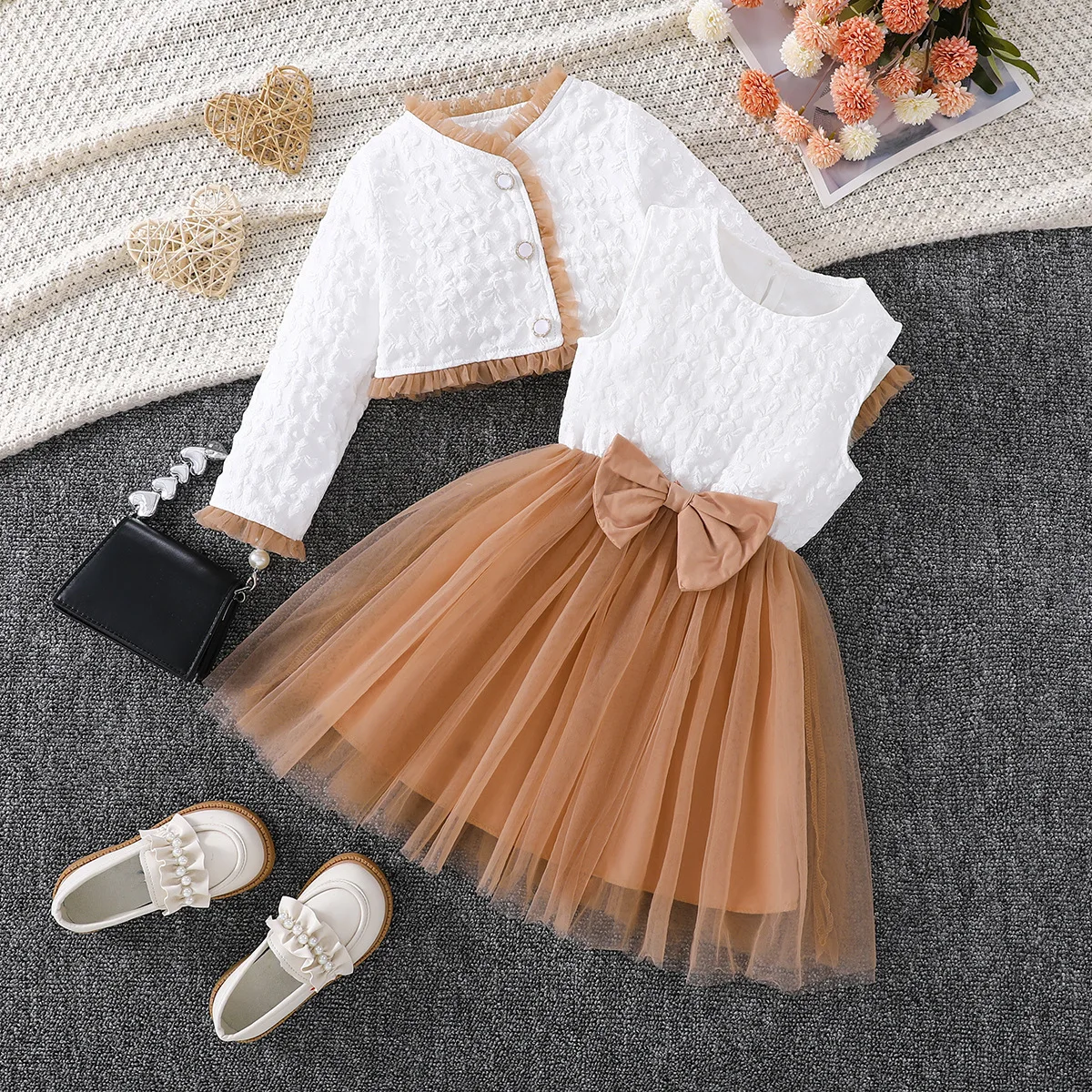 

2026 Spring Autumn Toddler Girls 2Pcs Set Elegant Tweed Cardigan + Sleeveless Tulle Dress Kids Party Outfit 1-6Y
