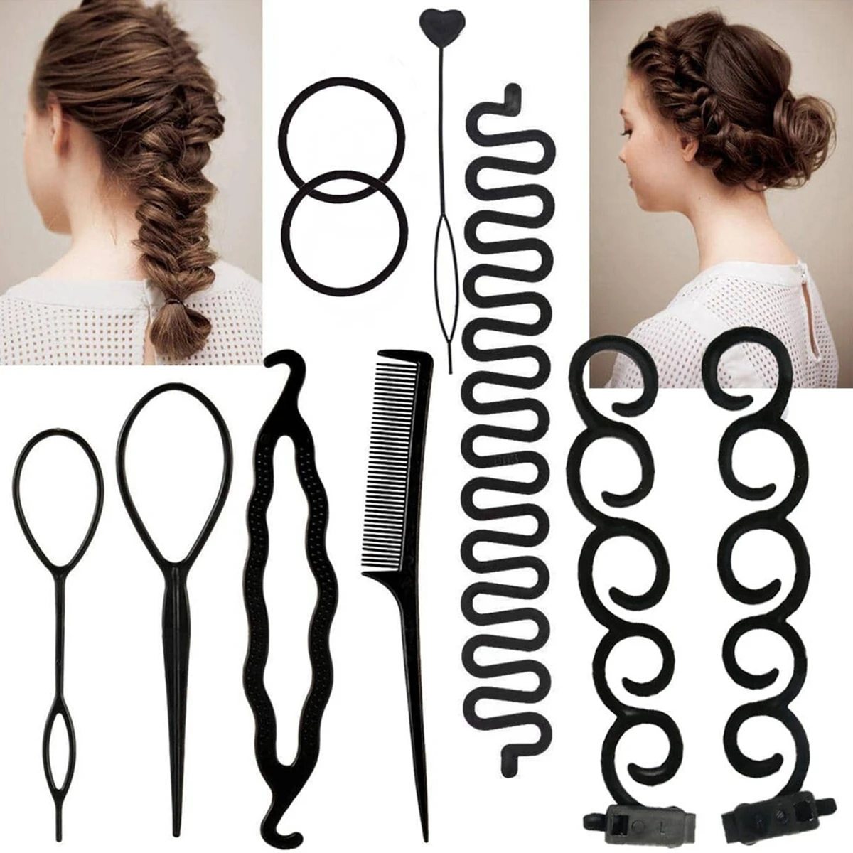 Fashion Multi-Piece Set, Trendy Ponytail Maker, Plastic Loop Styling Tool, Black Ponytail Clip, Hair Braid Maker, Styling Tool