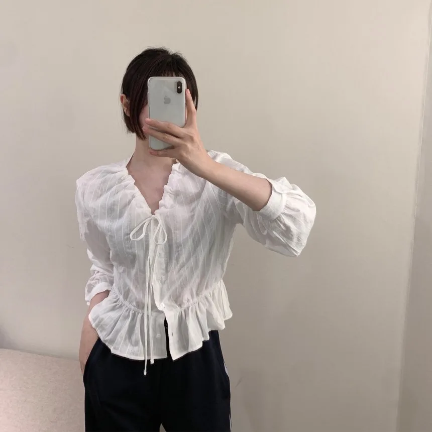 Csa de manga larga antienvejecimiento con cordón y cuello en V para mujer, estilo coreano, e, dulce, versátil, esti...