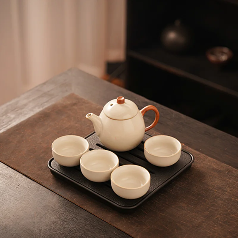 

Бежевый чайный сервиз Ru Kiln Kung Fu, новая модель для домашнего использования, китайский чайник для питья чая, роскошный высококачественный керамический чайник и полный набор Gaiwan