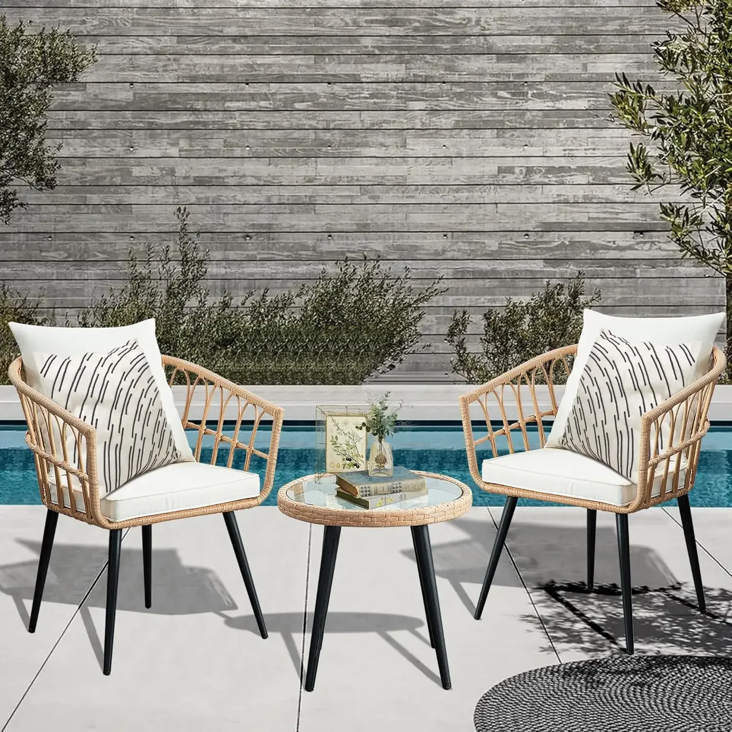 Outdoor Wicker Apartment Balcony Furniture Sets, Rattan Table and Chairs Set of 2 for Porch Backyard Lawn Poolside Deck, Beige