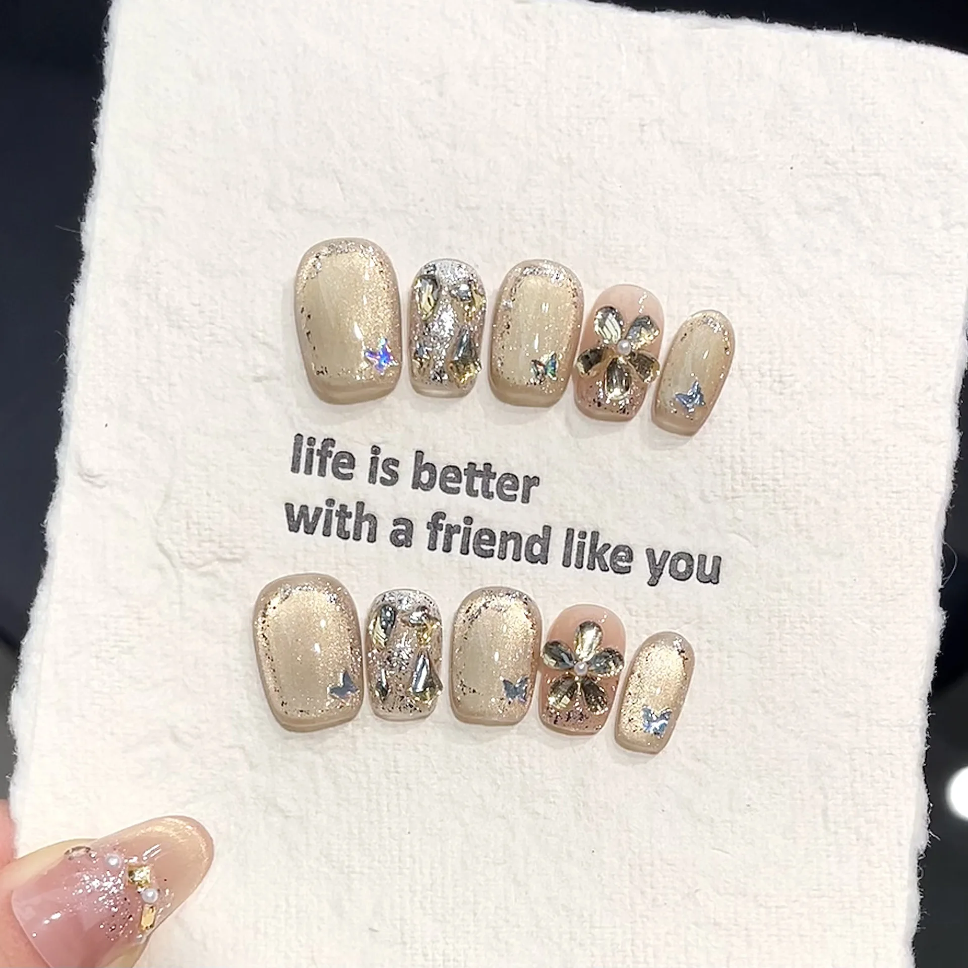 10pcs Handmade Short Press On Nails Shiny Champagne Cat Eye Gold Foil Diamond Design Fake Nails Wearable Nails Art Tip For Girls