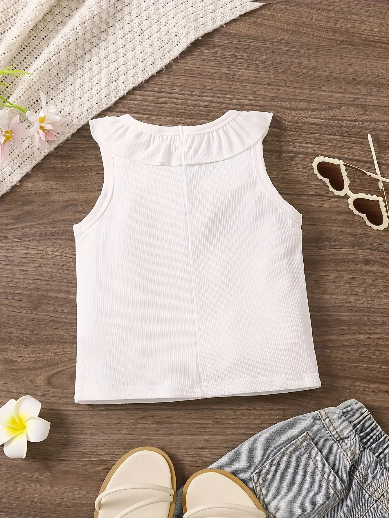 Girls Summer Solid Color Lotus Leaf Sleeves With Pit Strips, A Basic and Versatile Vest for Inner Wear and Outer Wear