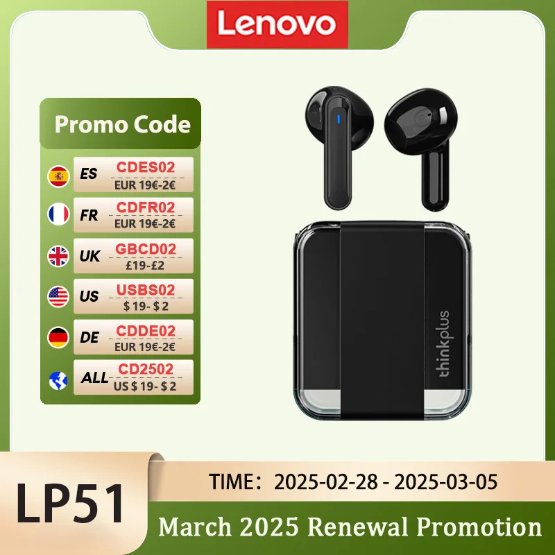 בחירה lenovo lp51 חדש tws אלחוטי bluetooth v5.4 באוזן אוזניות משחק לוח ארוך המתנה נמוך חזה
