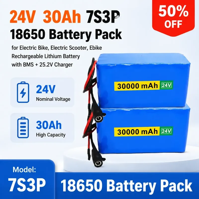 

24V 30Ah 7S3P 18650 Battery Pack for Electric Bike Electric Scooter Ebike Rechargeable Lithium Battery with BMS+25.2V Charger