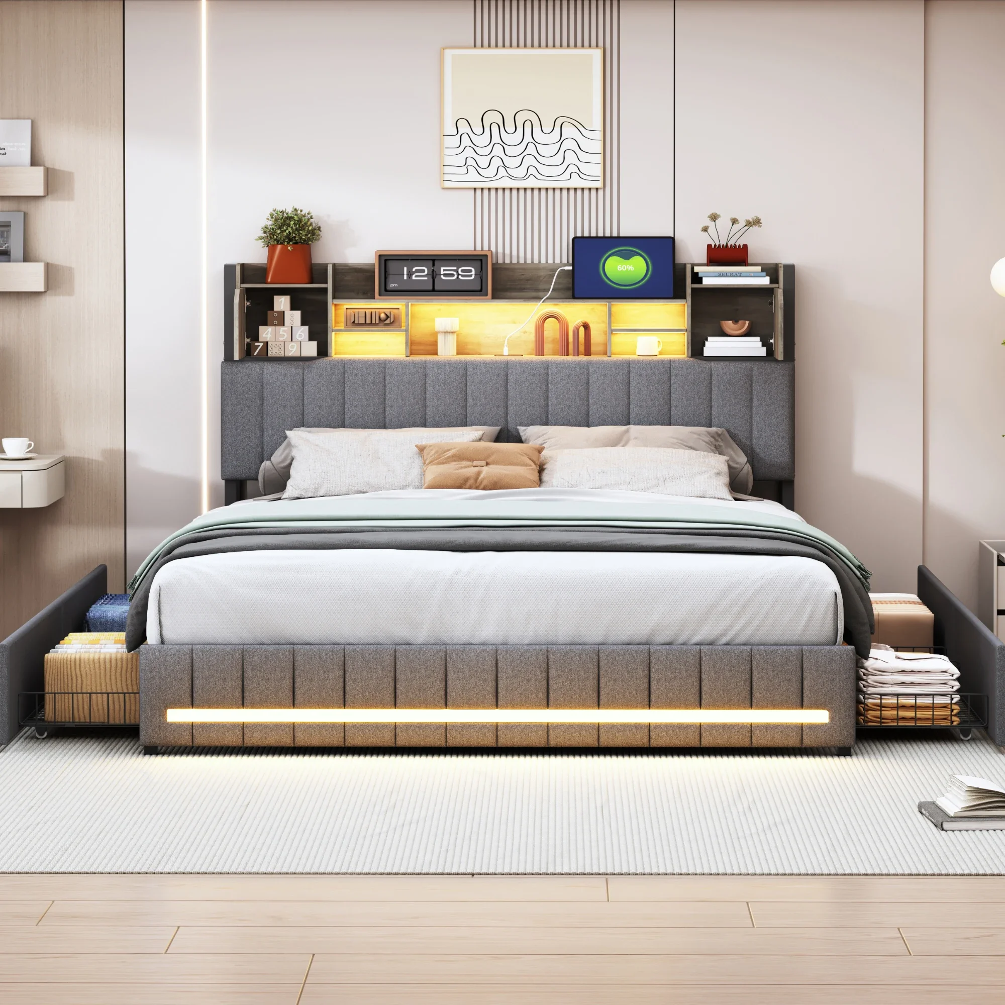 Superaly, 140 x 200 cm, graues, mit Leinen bezogenes Doppelbettgestell mit 4 Schubladen zur Aufbewahrung, Kopfteil mit Bücherregal, Holzlatten, Plattformbett für Erwachsene, Matratze nicht enthalten.