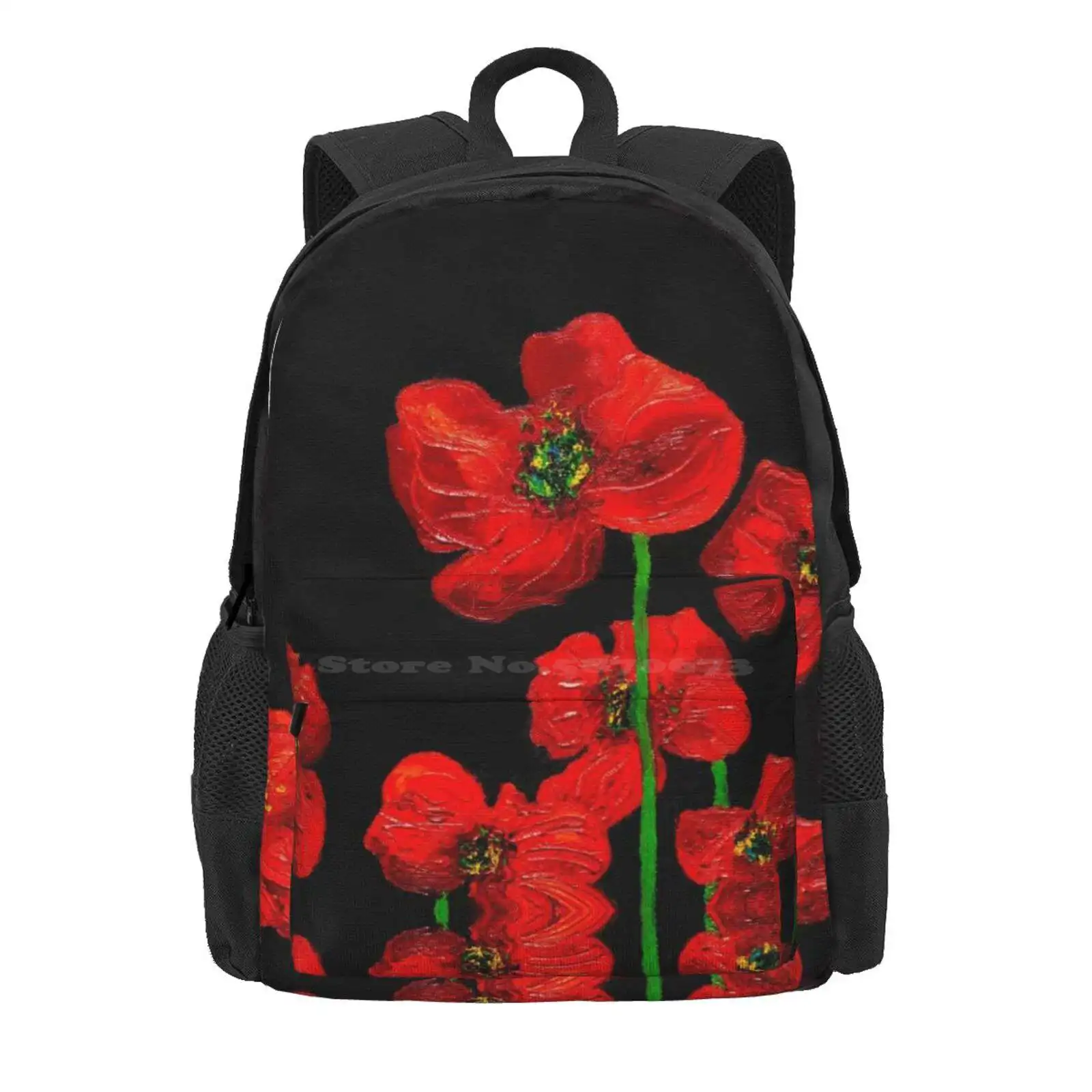 Red Poppies On Black Hot Sale Schoolbag Backpack Fashion Bags Poppies Poppy Black And Red Red Flowers Oil Painting