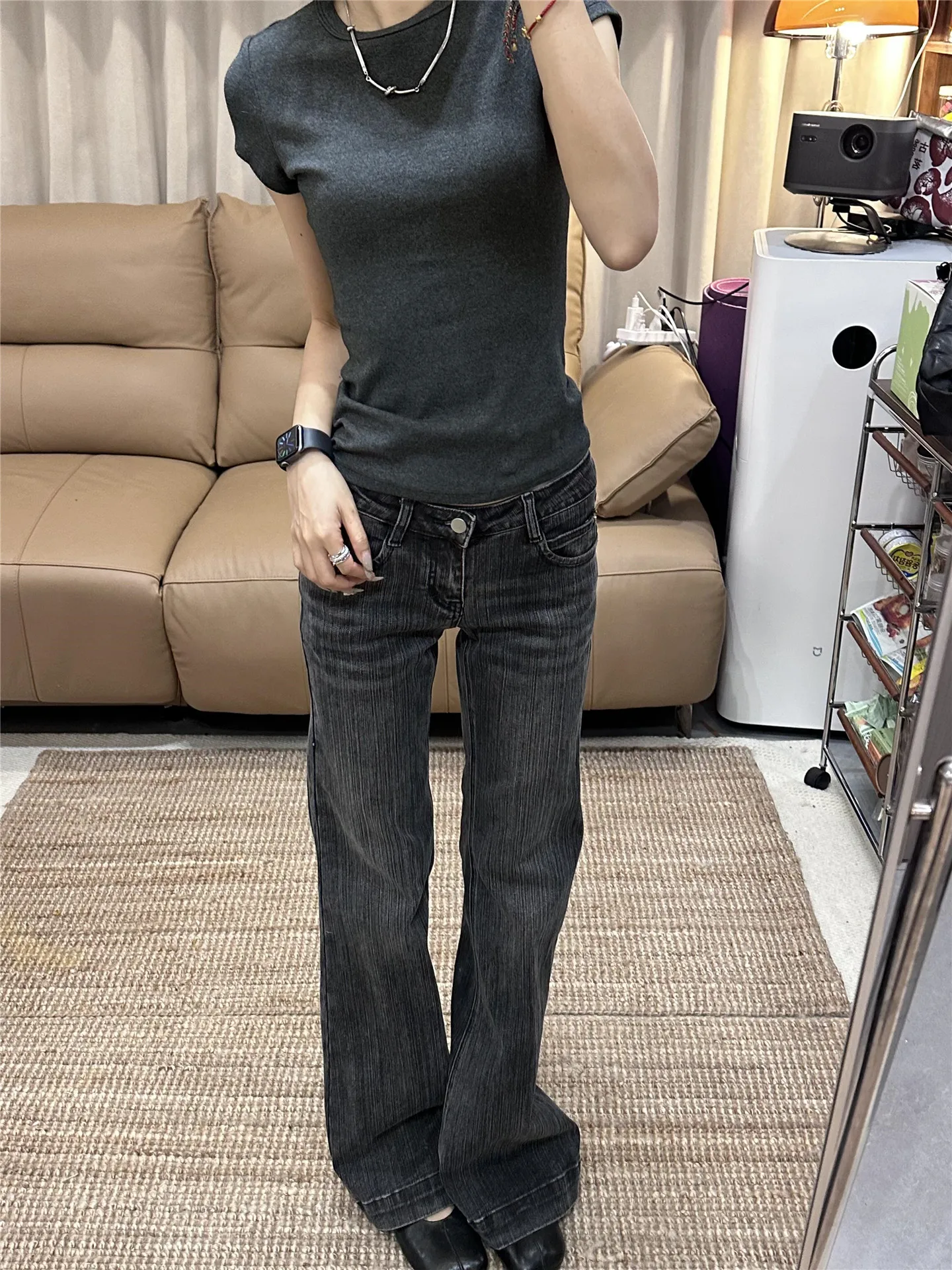 

Retro Low Waist Bell Bottom Denim Jeans Women's Loose Drapey Washed Wide Leg Floor Length Pants Heavyweight Bamboo Texture