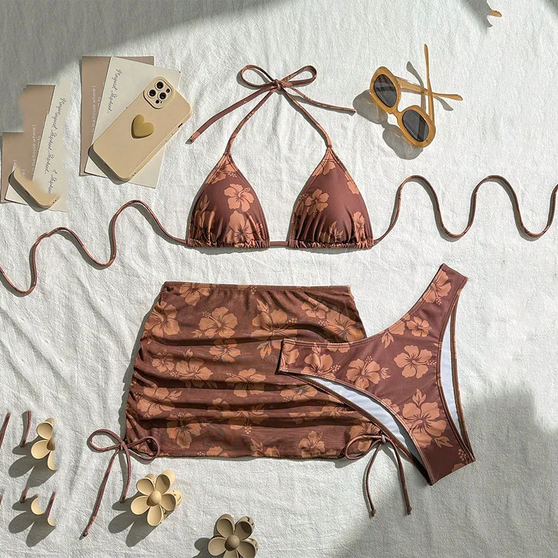 Ensemble de bikini triangle à imprimé floral marron, 3 pièces, jupes en maille, Cover-Up pour les maillots de bain, maillot de bain Sexy pour femmes, 2025