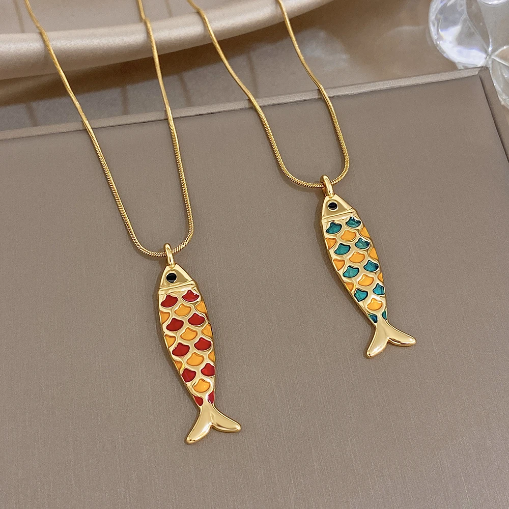 Greatera Orange-red Blue Enamel Small Fish Pendant Necklace For Women Creative Stainless Steel Versatile Jewelry Best-selling