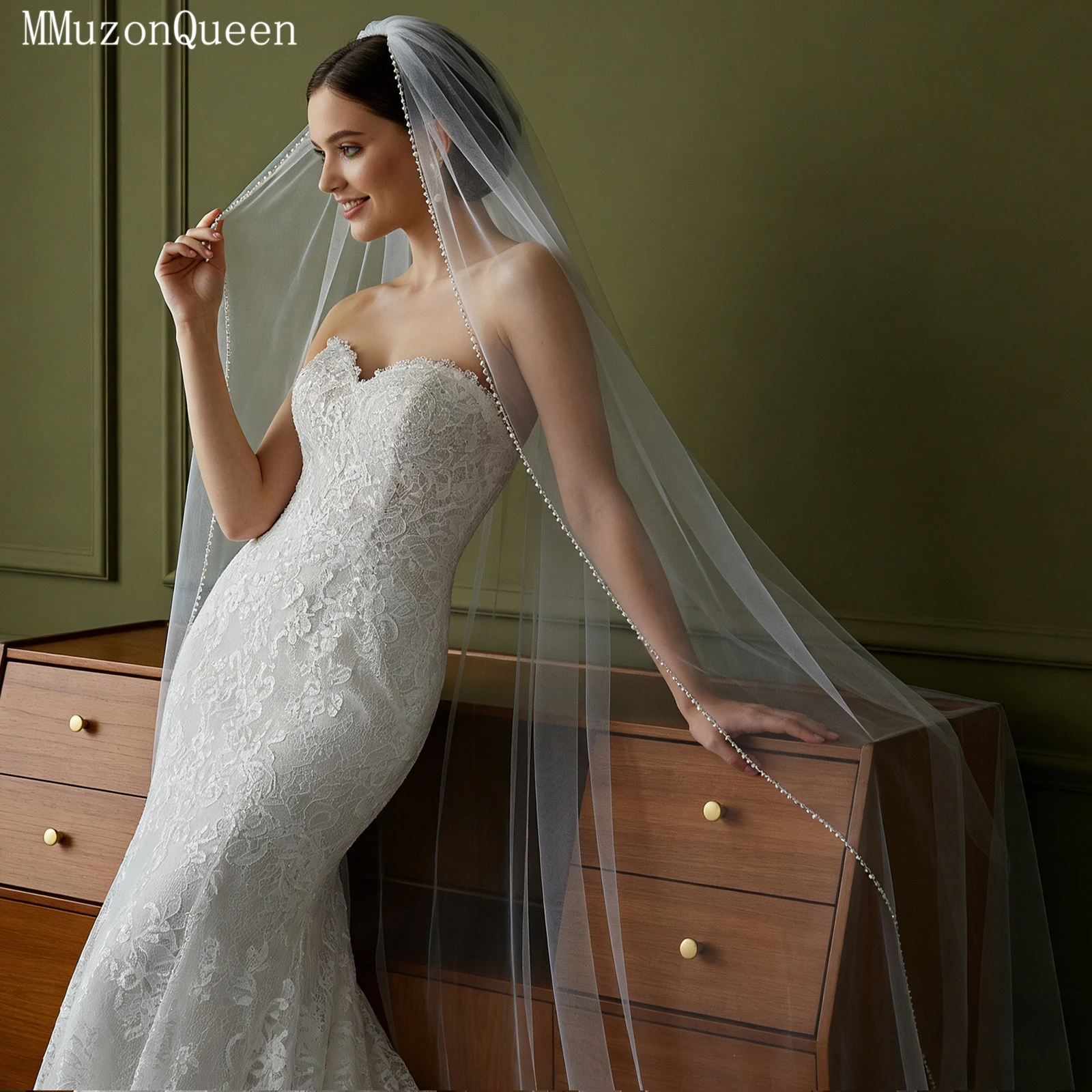 

Свадебная фата TOPQUEEN с кристаллами и жемчугом, элегантная, с кристаллическим краем, однослойная, в стиле "Катедралл", аксессуары для невест V197