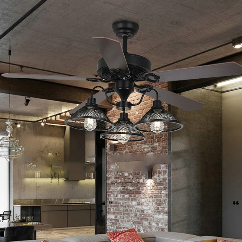 Ceiling Fan with Light and Remote Control Rustic Industrial Chandelier Fan With 3 Lights Black Retro Indoor Fan For Living Room