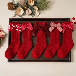 Baby Girls Red Big Bow Christmas Socks Kids Children Cotton Solid Woolen Sock Leg Warmers Girl Toddler Soft Socken For 0-5Years