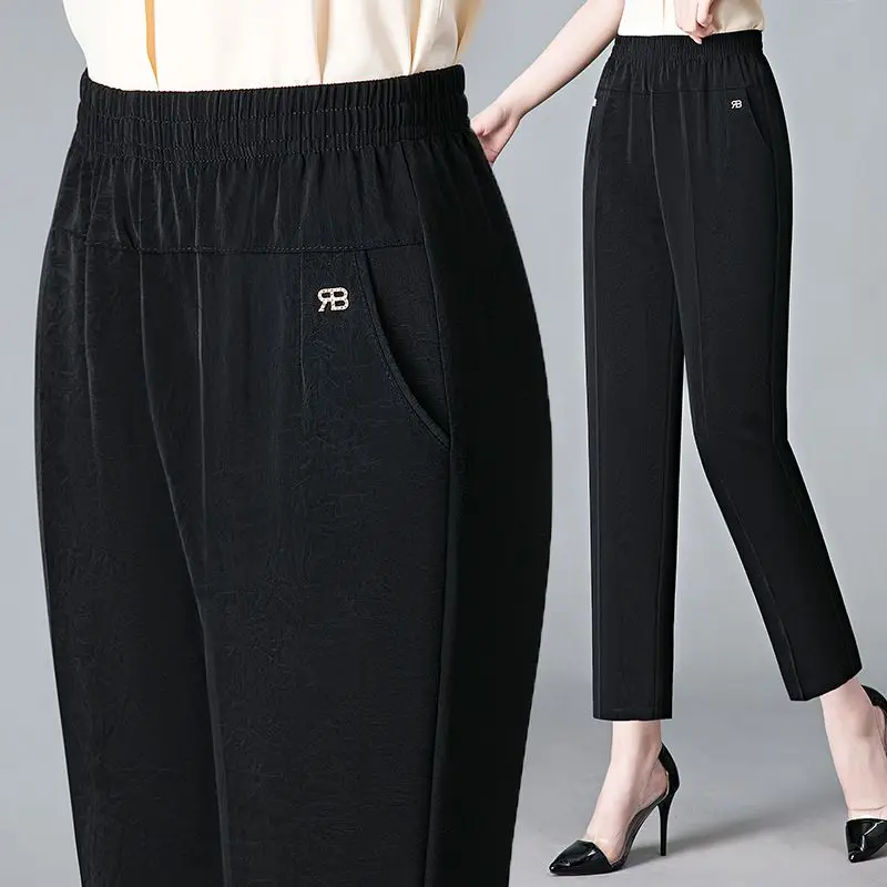 Vintage Loose Straight Pants Spring Summer Thin Women Streetwear Office Lady Casual Elastic High Waist Cropped Trousers 5XL