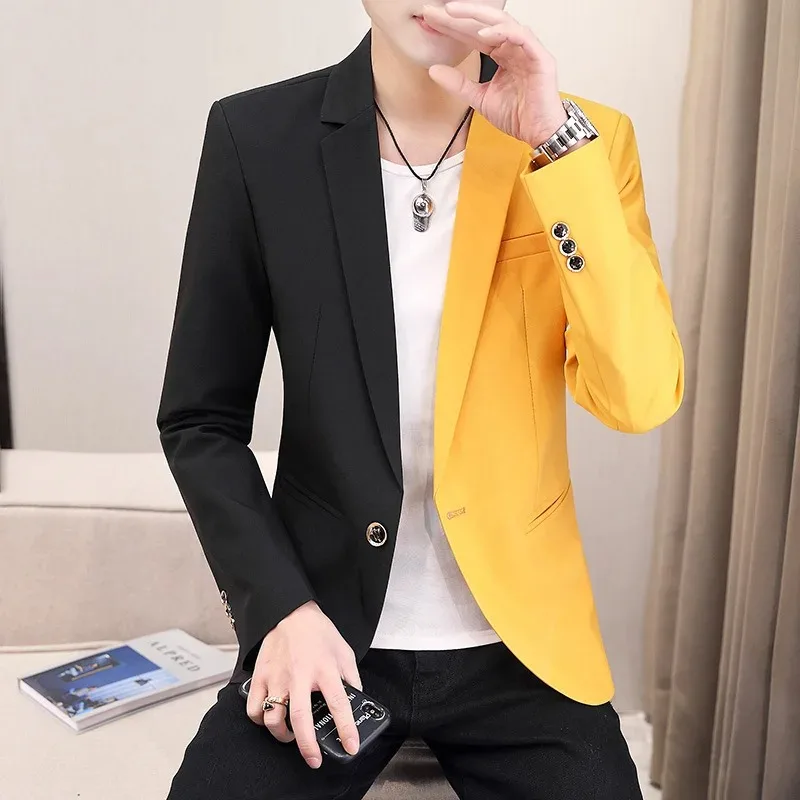 

2024 Men's Fashion Colorblock Blazer Youth Autumn New Casual Dual-Color Patchwork Trendy Handsome Jacket