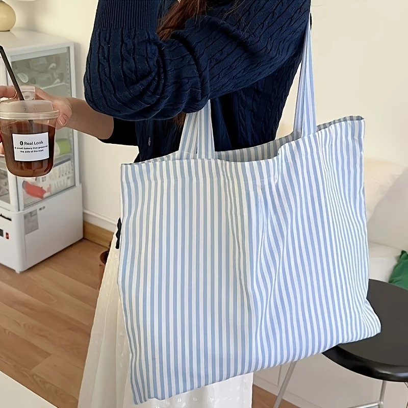 Tote Bag-Large Capacity Striped Tote Bag, 3-Color Aesthetic Pastel Shoulder Bag for School Commute College, Durable Material、Ver