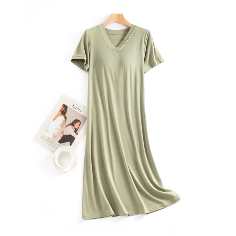 Summer Modal Short Sleeve Female Sleeping Long Dress Loose Housewear Nightgowns For Women V Neck Nightwear Nightshirt M-3XL