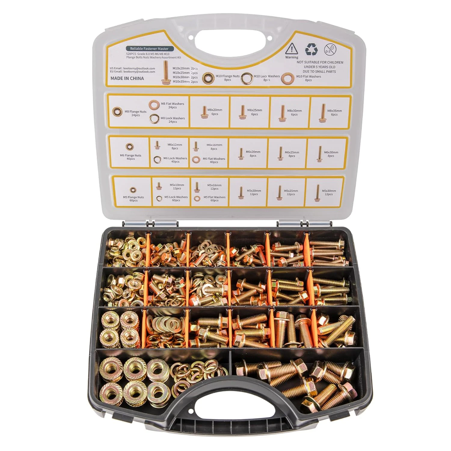528 sets of metric flange bolts, M5, M6, M8, M10 (from 12mm to 35mm), various automotive hexagonal bolts and nut and washer kits