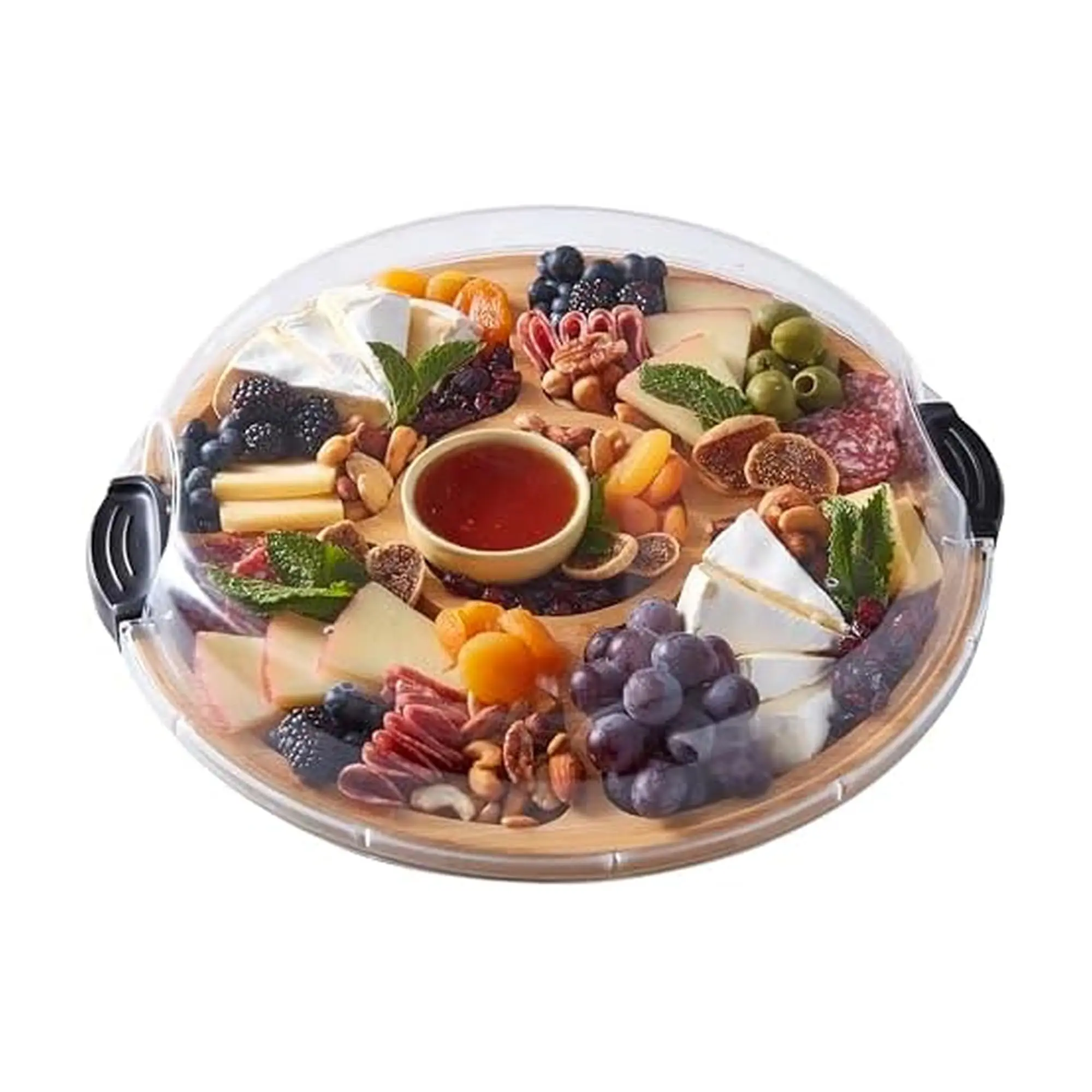 Plateau de service en bambou avec plateau tournant et couvercle transparent avec verrou, planche à découper double face de 35,5 cm avec 5 compartiments, plateau à fromage rotatif pour saucisses, fromages, fruits et en-cas