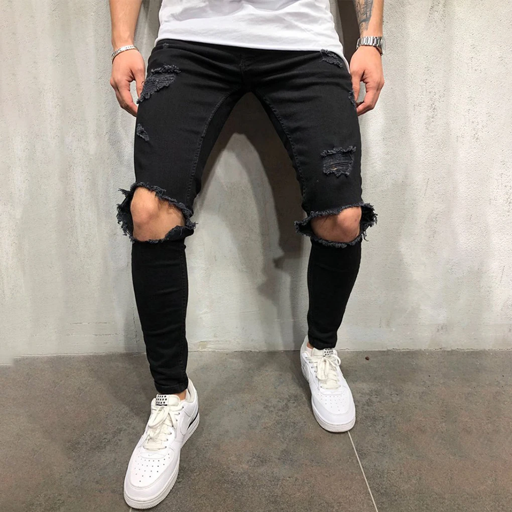 Slimming Fashion Hiphop Trousers Polyester Pants Knee Hole Jeans Street Clothing Steetwear for Outdoor Activity Casual