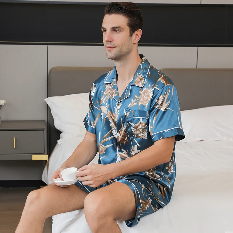 Pijama de seda de gelo masculino, casaco fino casual, pode ser vestido como conjunto, roupa de casa, verão