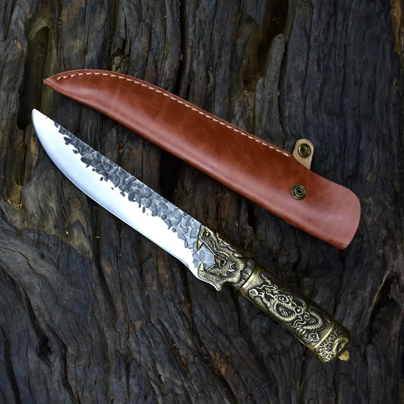 7 Inch Cleaver Knife With Cover Sharp Chef Slicing Utility Barbecue Butcher Handmade Forged Kitchen Knives Copper Dragon Handle