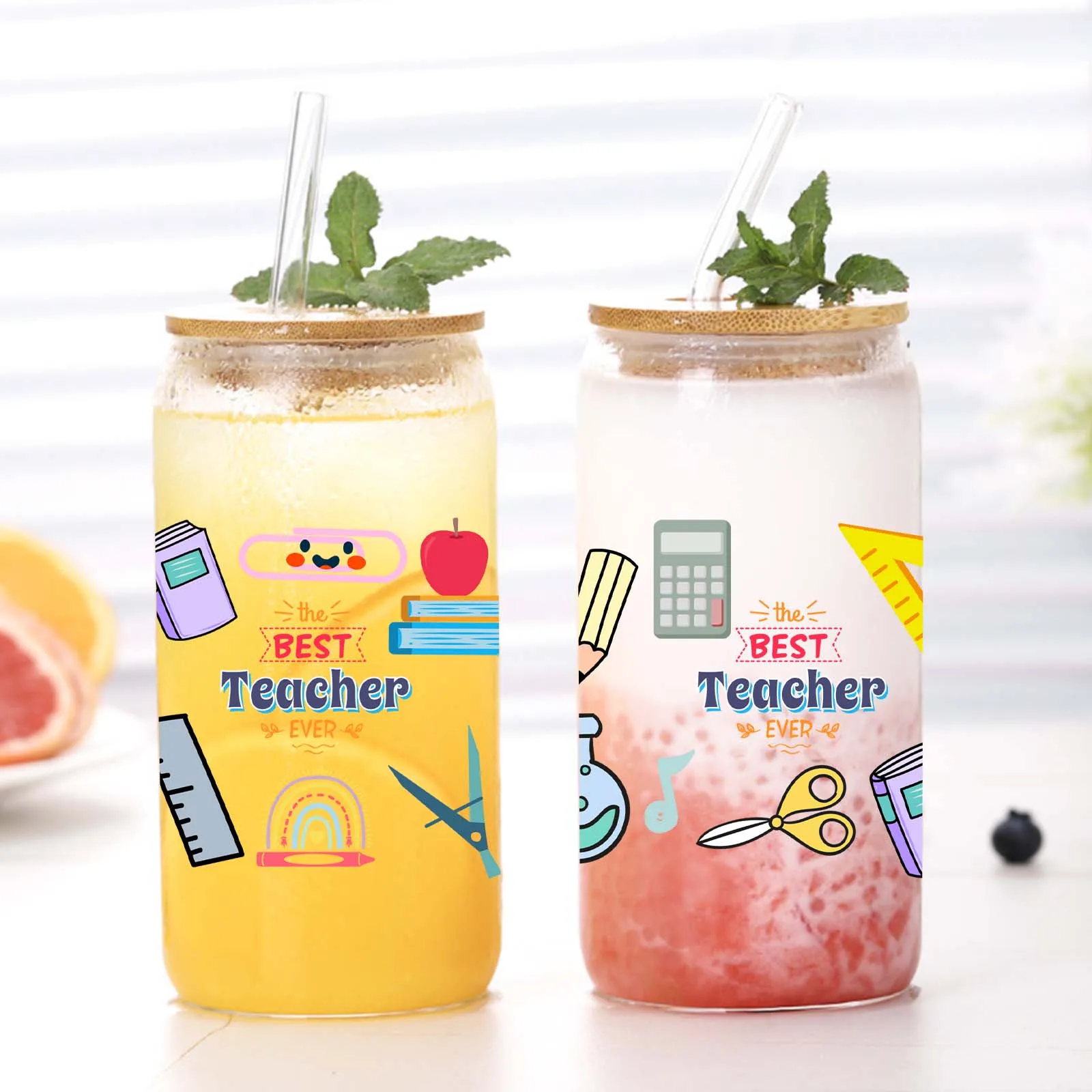 1pc Teaching Equipment Pattern 3d Printed 16oz Glass Tumbler Mug With Lid&Straw Coffee Glass Mug Creative Teacher's Day Gift