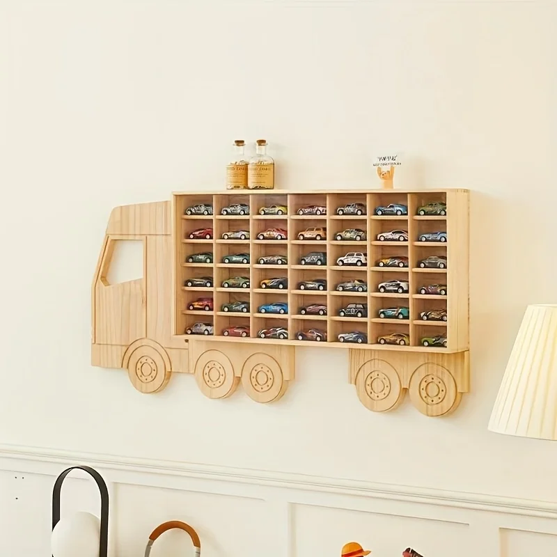 PGY 42-Slot Wood Car Model Toy storage Shelves Multi-Compartment Wall-Mount Toys Organizer Display Shelf Collectible Accessories