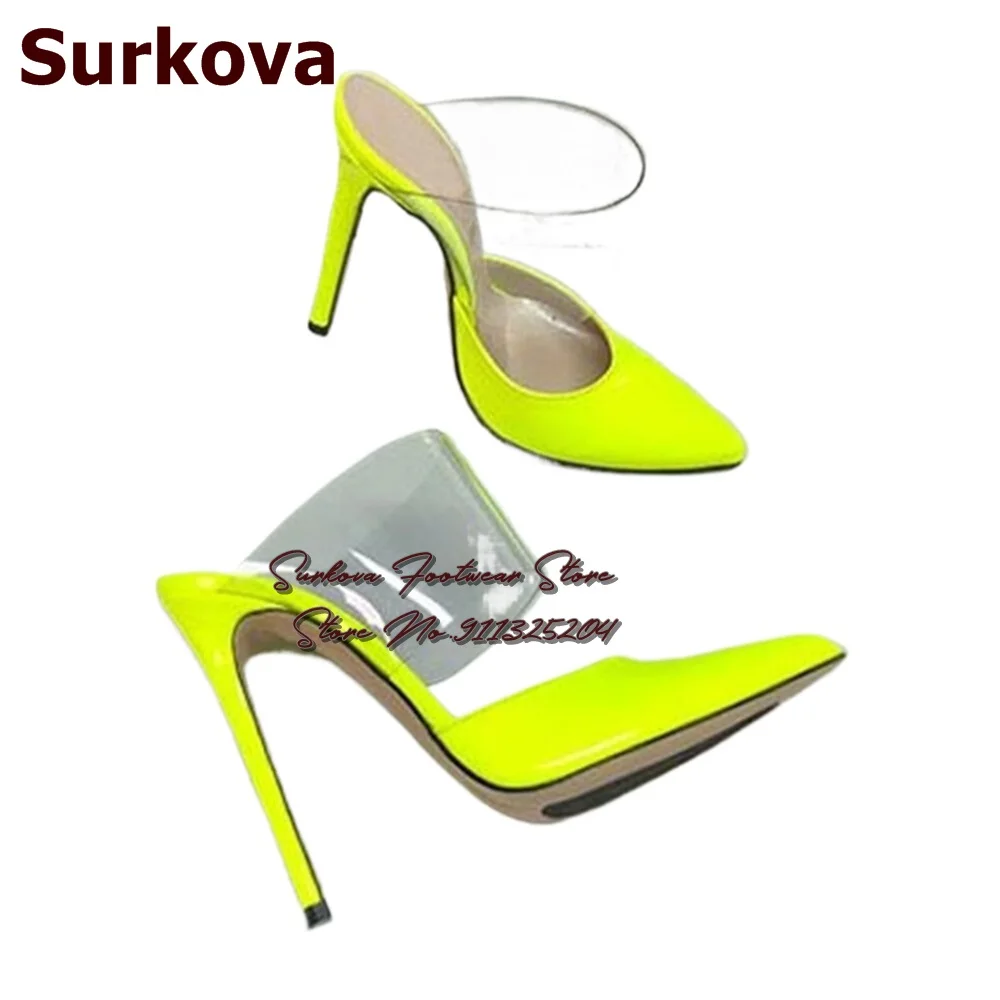 Surkova Neon Yellow Clear PVC Patchwork Slippers Thin High Heel Pointed Toe Colorized Banquet Pumps Pink Green Sandals