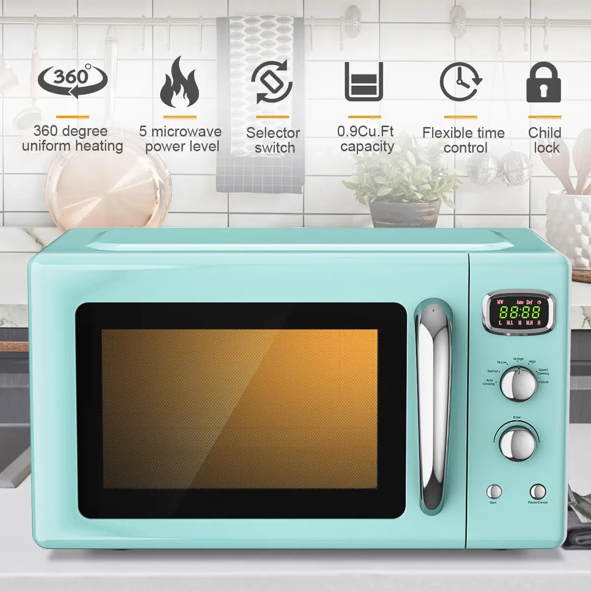 Retro 0.9-Cubic-Foot 900-Watt Countertop Microwave Oven with 5 Power Levels, Defrost and Auto Cooking, LED Display, Pull Handle,