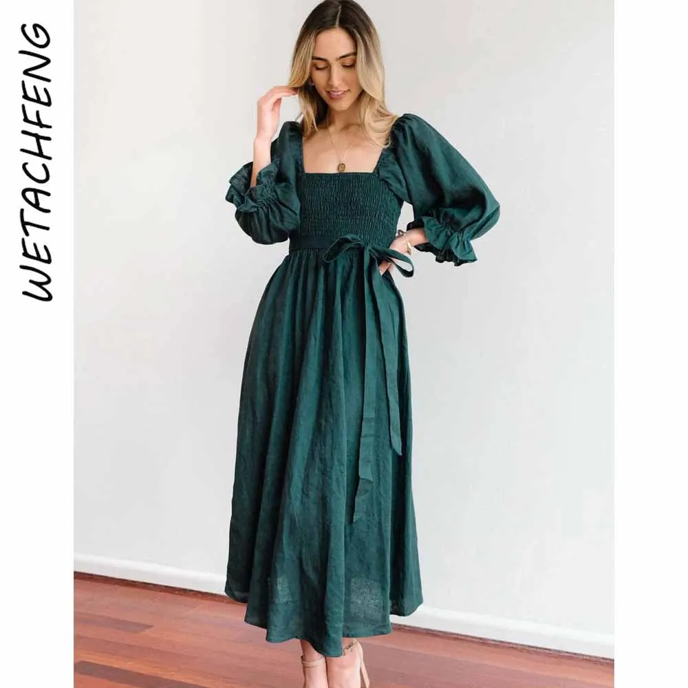 Áo Đầm Thanh Lịch Pháp Lãng Mạn Sang Trọng | Đầm Maxi Tay Phồng Xù Phối Ren Dây Lưng Cotton Vestidos Boho Đảng Áo Dây